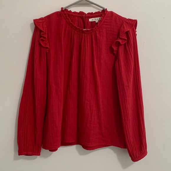 XiRENA Tops Xirena Lanie Red Long Sleeve Cotton Gauze Ruffle Top Womens Xs Keyhole Back
